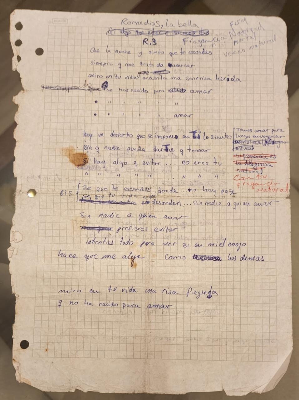 Fotografía del manuscrito del tema "Desorden" (Disculpen las faltas ortográficas, tenía 20 años y no era bueno escribiendo)